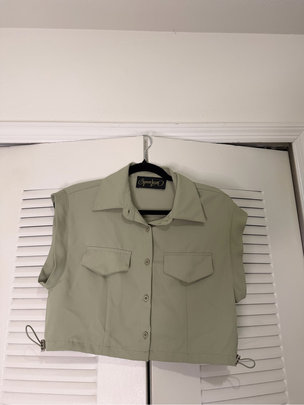 Sage Green Utility Crop Button-Front Top